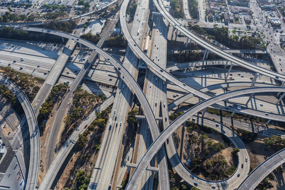 An aerial view of a highway interchange